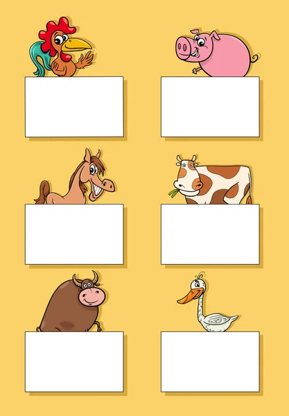 Cartoon Illustration Von Nutztieren Mit Leeren Karten Oder Bannern Designset — Stockvektor