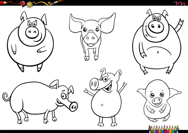 Dibujos Animados Blanco Negro Ilustración Cerdos Lindos Animales Granja Conjunto — Vector de stock