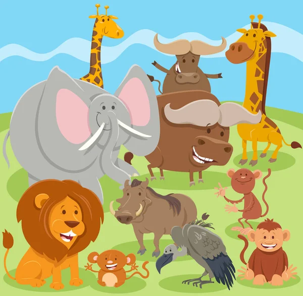Mutlu Vahşi Hayvanların Çizgi Film Çizimi Komik Karakterler — Stok Vektör