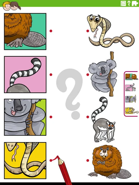 動物のキャラクターや写真の切り抜きと教育マッチングゲームの漫画イラスト — ストックベクタ