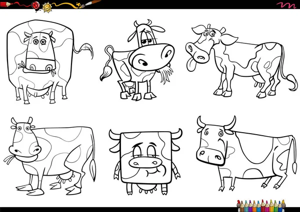 Dibujos Animados Blanco Negro Ilustración Las Vacas Animales Granja Personajes — Vector de stock