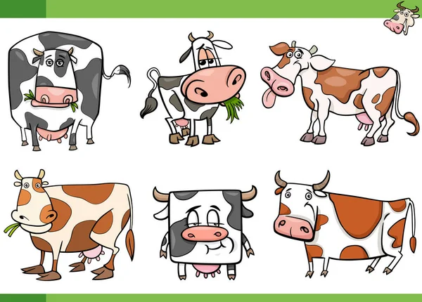 Ilustracja Komiksu Krowy Zwierząt Gospodarskich Zestaw Znaków — Wektor stockowy