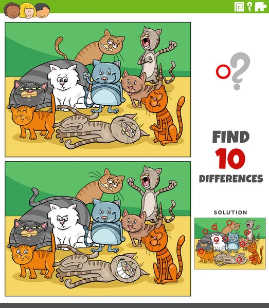 Cartoon Illustration Finding Differences Pictures Educational Game Cats Animal Characters — Stock Vector