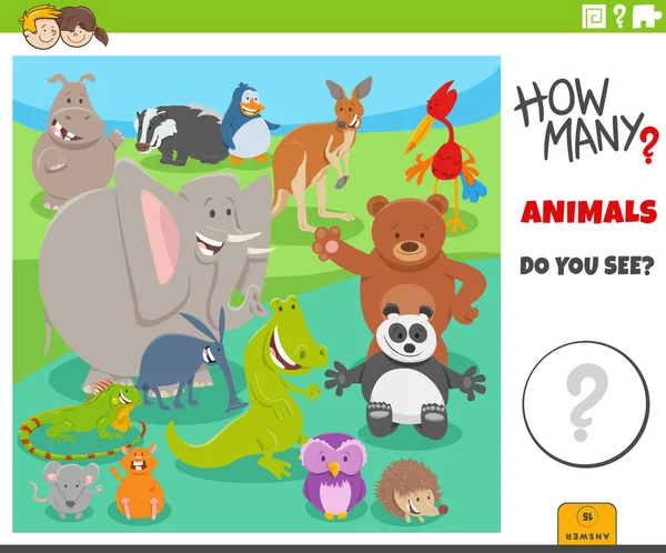 Ilustrace Výuky Počítání Hra Pro Děti Kreslenými Divokými Zvířaty Postavy — Stockový vektor