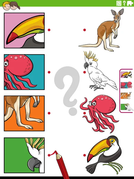 Dibujos Animados Ilustración Actividad Emparejamiento Educativo Con Personajes Animales Recortes — Archivo Imágenes Vectoriales