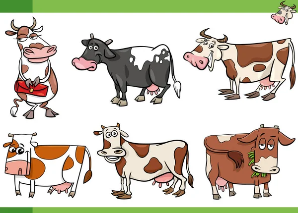 Illustrazione Cartone Animato Mucche Animali Fattoria Personaggi Comici Set — Vettoriale Stock