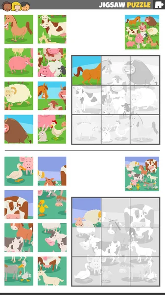 Ilustracja Kreskówki Edukacyjne Puzzle Układanki Zestaw Grupy Znaków Zwierząt Gospodarskich — Wektor stockowy