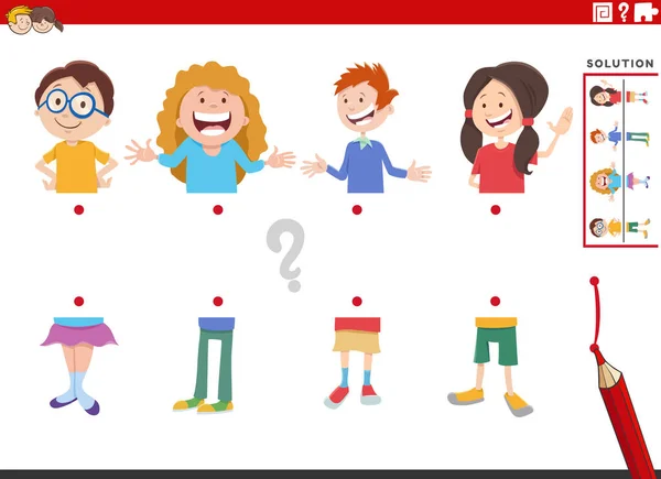 Cartoon Ilustrace Vzdělávací Hra Odpovídající Poloviny Obrázků Šťastnými Dětskými Postavičkami — Stockový vektor