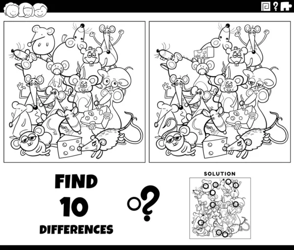 面白いマウスの文字の着色ページと絵教育ゲームの違いを見つけるの黒と白の漫画のイラスト — ストックベクタ