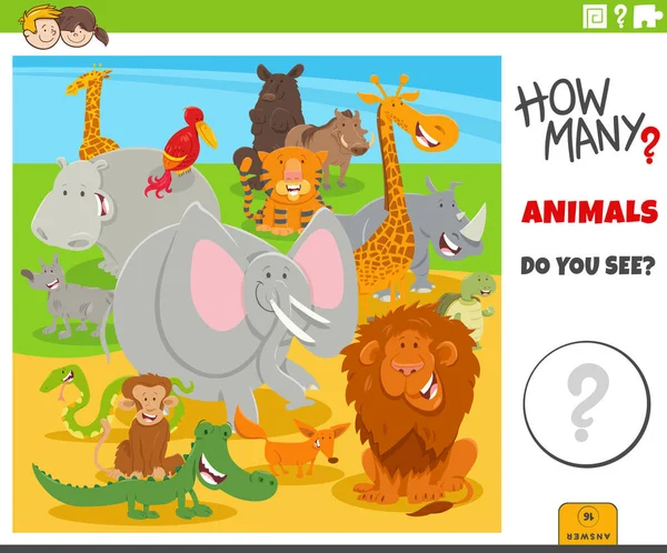Ilustrace Výchovné Činnosti Pro Děti Skupinou Kreslených Postav Divokých Zvířat — Stockový vektor