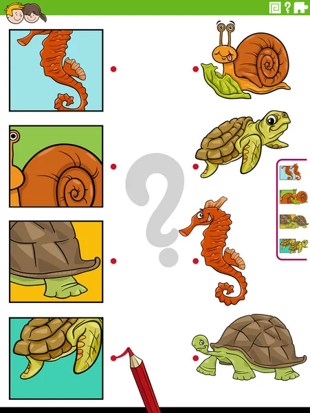 Dibujos Animados Ilustración Juego Combinación Educativa Con Personajes Animales Recortes — Archivo Imágenes Vectoriales
