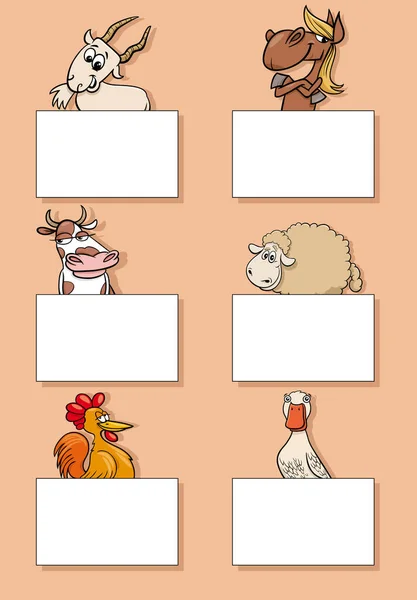 Cartoon Ilustrace Legrační Farmářská Zvířata Prázdnými Kartami Nebo Bannery Design — Stockový vektor
