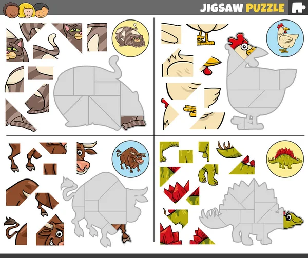 Cartoon Illustration Educational Jigsaw Puzzle Games Set Animal Characters — Vetor de Stock