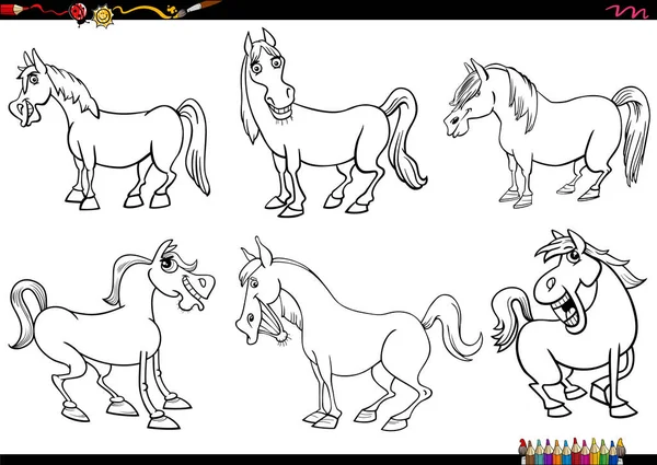 Ilustrasi Kartun Hitam Dan Putih Dari Kuda Karakter Komik Hewan - Stok Vektor