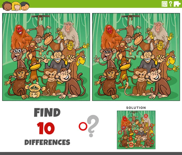 Komik Maymun Karakterli Resimlerin Eğitici Oyunu Arasındaki Farkları Gösteren Çizgi — Stok Vektör