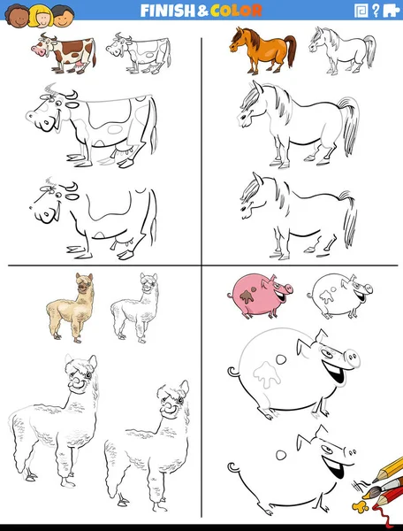 Cartoon Illustration Drawing Coloring Educational Worksheets Set Farm Animal Characters — Stock Vector