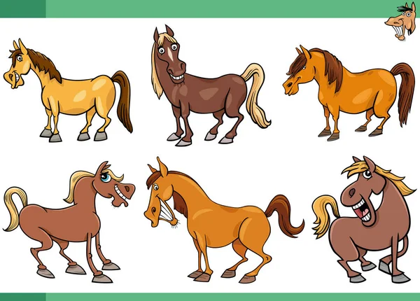 Cartoon Illustration Horses Farm Animals Comic Characters Set — Stock Vector