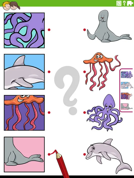 海洋動物のキャラクターや写真の切り抜きと教育マッチングゲームの漫画イラスト — ストックベクタ