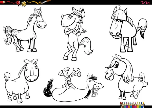 Черно Белая Иллюстрация Персонажей Комиксов Лошадях Ферме Животных — стоковый вектор