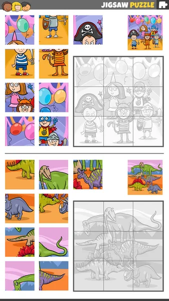 Cartoon Ilustrace Vzdělávací Puzzle Hry Set Dětmi Dinosaury — Stockový vektor