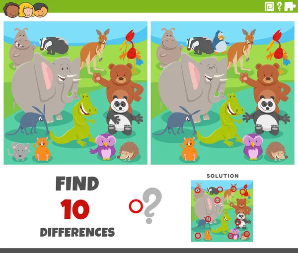 Cartoon Ilustrace Nalezení Rozdílů Mezi Obrázky Vzdělávací Hra Legrační Zvířecí — Stockový vektor