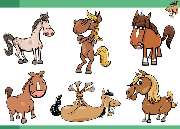 Illustrazione Cartone Animato Cavalli Fattoria Animali Personaggi Comici Set — Vettoriale Stock