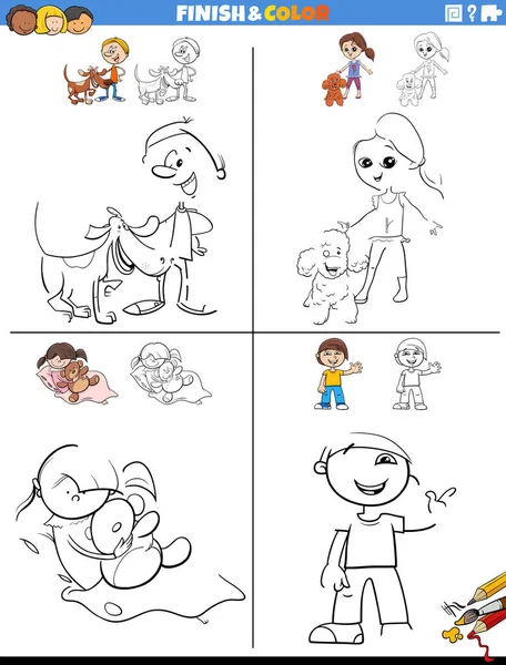 Cartoon Illustration Drawing Coloring Educational Worksheets Set Children Characters — Image vectorielle