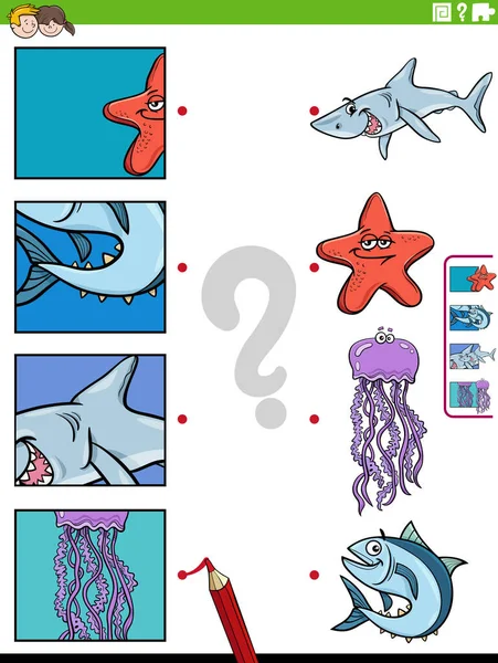 Cartoon Ilustrace Vzdělávací Odpovídající Hra Postavami Mořských Živočichů Obrázky Výstřižky — Stockový vektor