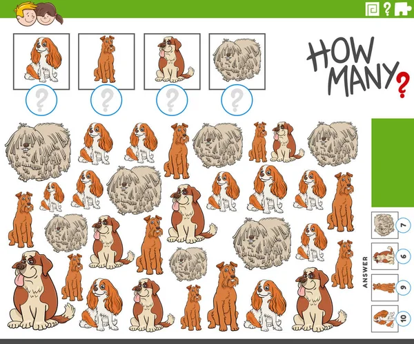 Ilustrasi Permainan Penghitungan Pendidikan Dengan Kartun Lucu Ras Anjing Karakter - Stok Vektor