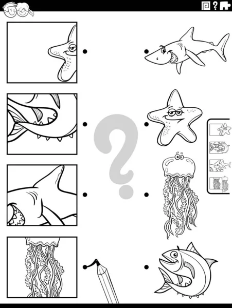 Черно Белый Мультфильм Иллюстрирует Обучающую Игру Персонажами Морских Животных Вырезки — стоковый вектор