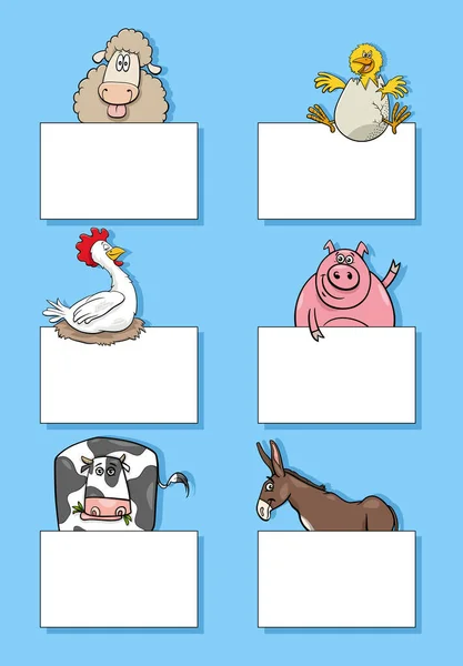 Γελοιογραφία Απεικόνιση Των Αστείων Ζώων Αγρόκτημα Λευκές Κάρτες Πανό Σύνολο — Διανυσματικό Αρχείο