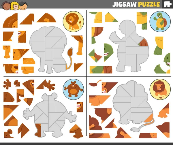Cartoon Illustration Educational Jigsaw Puzzle Games Set Animal Characters — Stock Vector