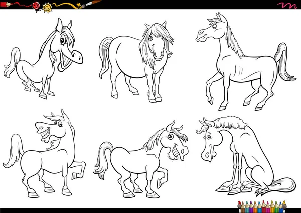Illustrazione Cartone Animato Bianco Nero Cavalli Fattoria Animali Personaggi Fumetti — Vettoriale Stock