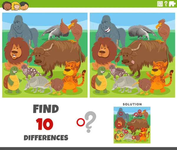 卡通画说明发现具有滑稽野生动物特征的图画教育游戏的区别 — 图库矢量图片
