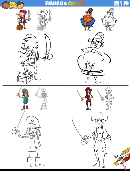Cartoon Illustration Drawing Coloring Educational Worksheets Set Pirate Characters — Stock Vector