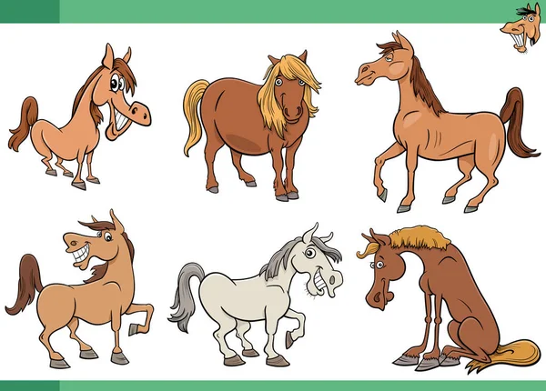 Cartoon Illustration Horses Farm Animals Comic Characters Set — Stock Vector