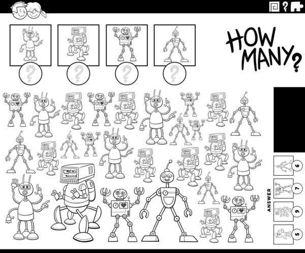 Schwarz Weiße Illustration Der Pädagogischen Zählaktivität Mit Lustigen Cartoon Roboterfiguren — Stockvektor