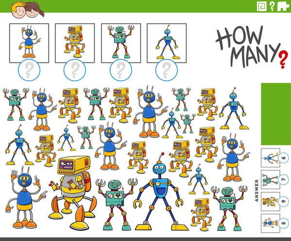 Εικονογράφηση Της Εκπαιδευτικής Δραστηριότητας Καταμέτρησης Αστεία Ρομπότ Χαρακτήρες Κινουμένων Σχεδίων — Διανυσματικό Αρχείο