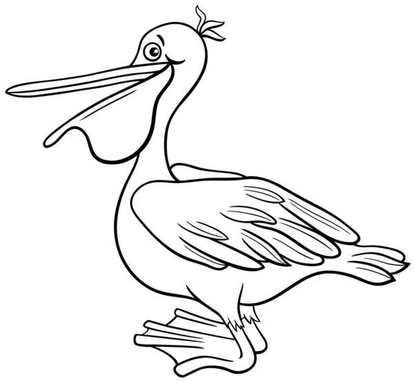 黒と白の漫画のイラスト面白いペリカン鳥の動物のキャラクターのぬり絵ページ — ストックベクタ