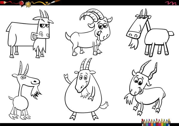 ヤギの農場の動物漫画のキャラクターの黒と白の漫画のイラストが着色ページを設定 — ストックベクタ