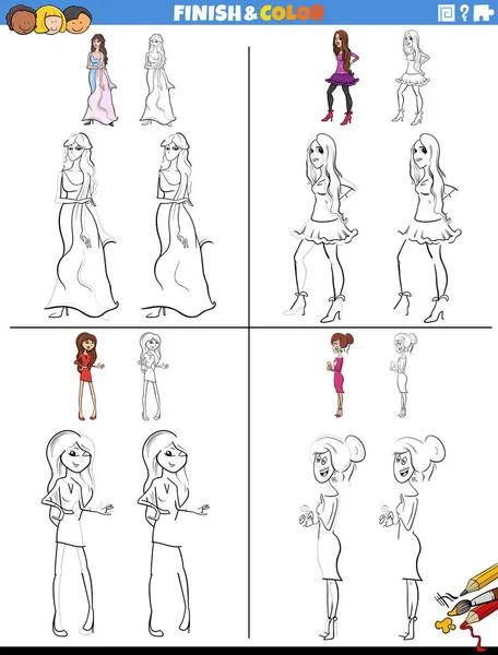 Kreskówka Ilustracja Rysunku Kolorowanki Arkuszy Edukacyjnych Zestaw Dziewcząt Kobiet Znaków — Wektor stockowy