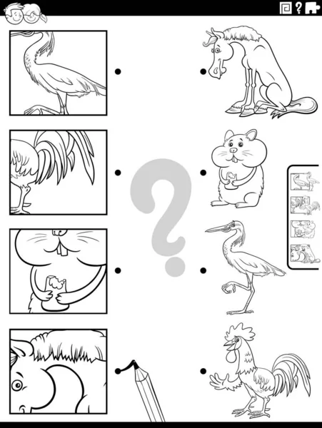Black White Cartoon Illustration Educational Matching Game Animal Characters Pictures — Stock Vector