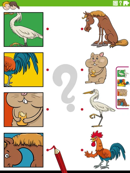 具有动物特征的教育匹配游戏的卡通画和图片剪报 — 图库矢量图片