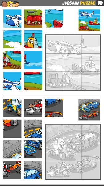 Ilustracja Kreskówki Edukacyjne Puzzle Układanki Zestaw Pojazdów Transportu Znaków Grupy — Wektor stockowy
