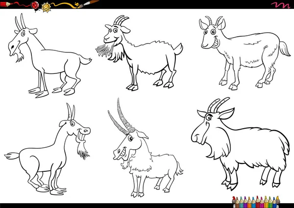 Black White Cartoon Illustration Goats Farm Animal Comic Characters Set — Stock Vector