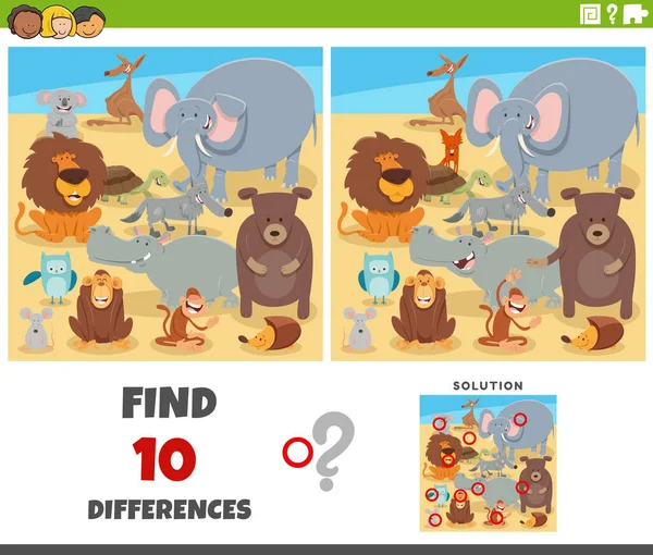 Ilustracja Kreskówki Znalezienie Różnic Między Zdjęciami Gra Edukacyjna Zabawnymi Dzikimi — Wektor stockowy
