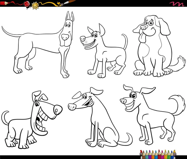 Zwart Wit Cartoon Illustratie Van Grappige Honden Stripdier Personages Set — Stockvector