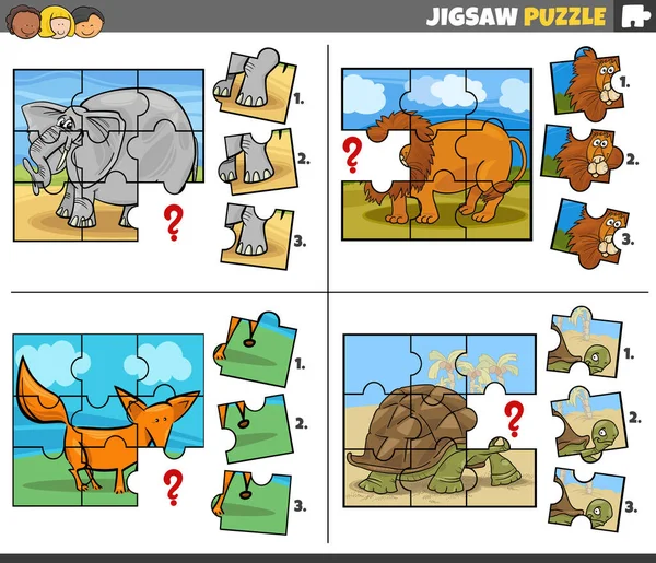 Cartoon Illustration Educational Jigsaw Puzzle Games Set Wild Animal Characters — Wektor stockowy