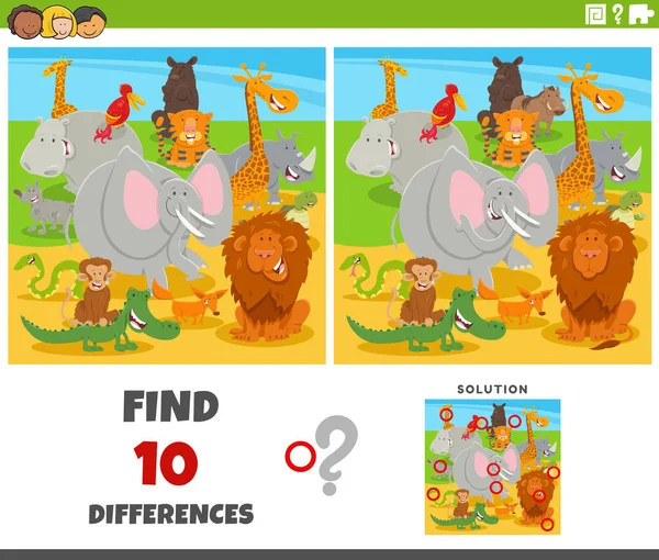 Ilustracja Kreskówki Znalezienie Różnic Między Zdjęciami Gra Edukacyjna Zabawnymi Dzikimi — Wektor stockowy