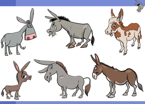 Cartoon Illustration Donkeys Farm Animals Comic Characters Set — Stock Vector